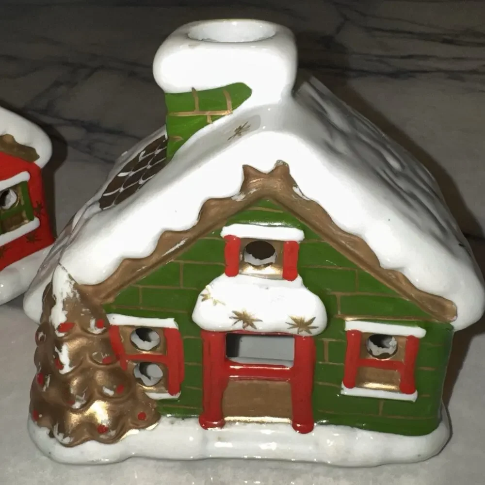 2 Vtg Christmas Tea Light‎ Candle Holder Houses Ski Chalet Cabin Smoking Chimney